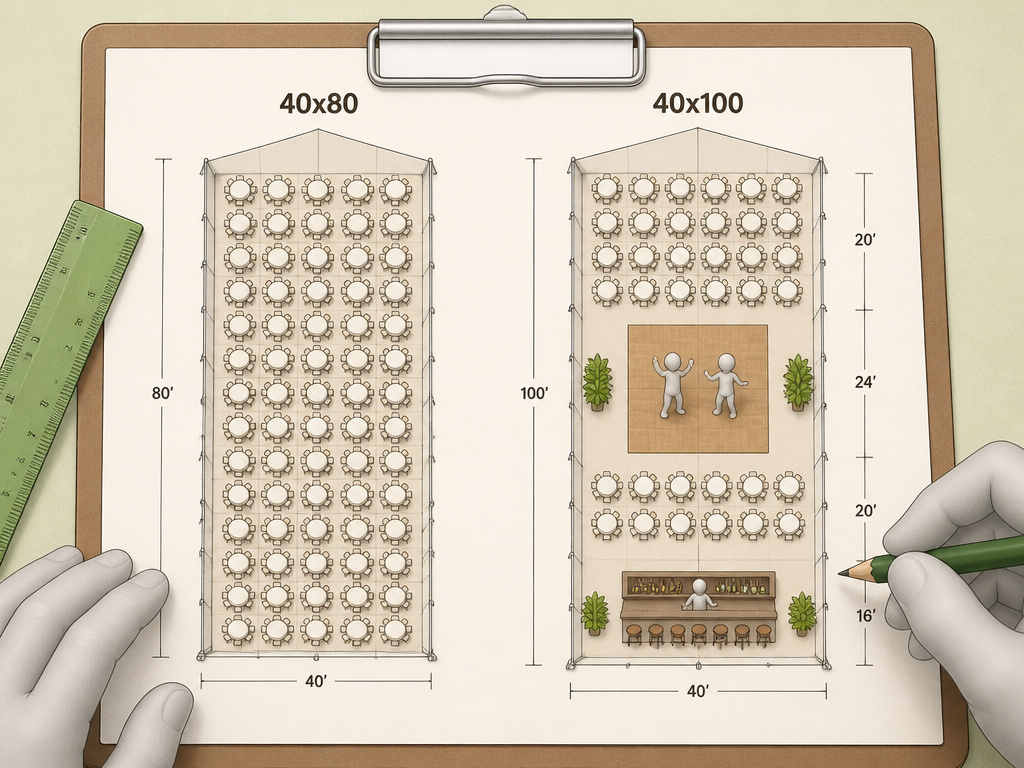 Diagram comparing 40x80 versus 40x100 tent layouts for 200 guests.