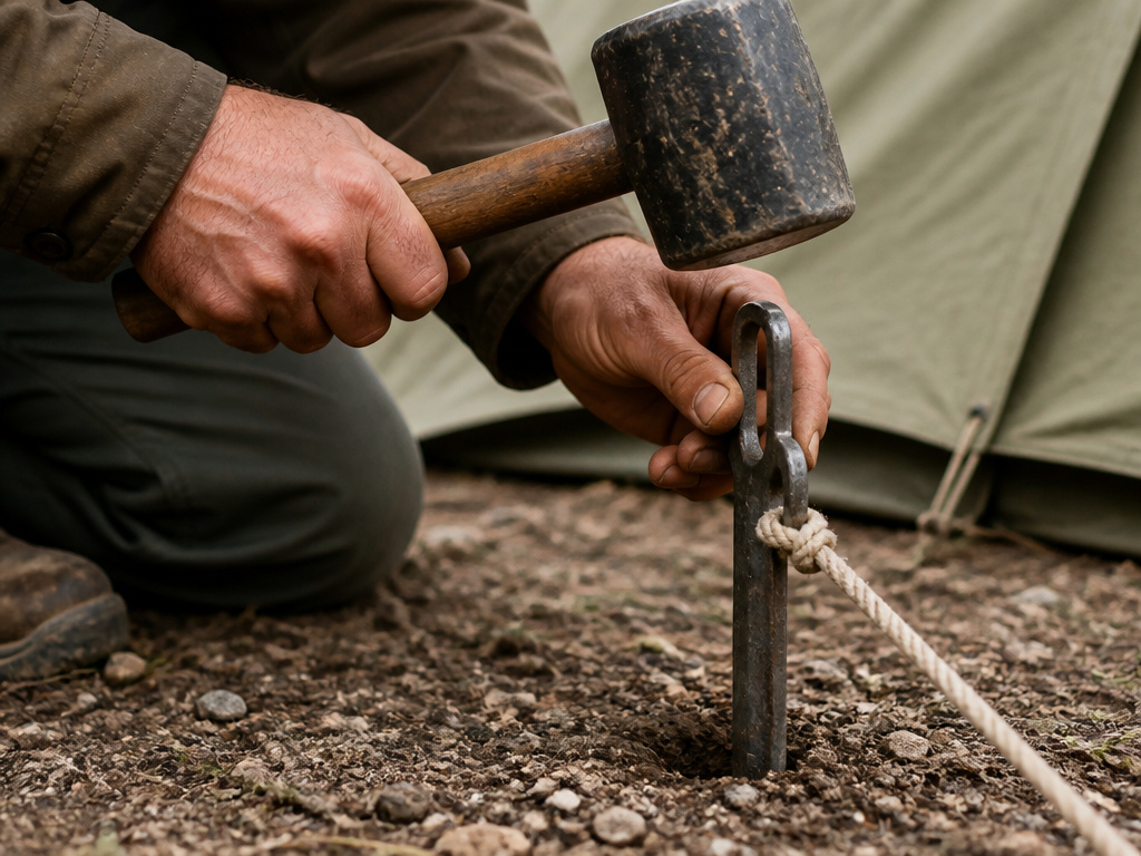 Close-up of anchoring a heavy canvas wall tent with a steel stake and mallet.