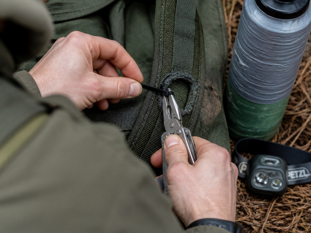 Close-up of repairing a backpack strap with multi-tool and zip ties for camping.