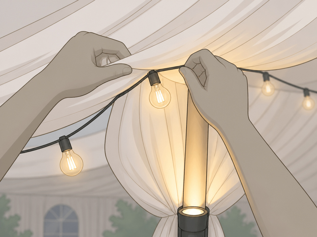 Close-up diagram of weaving string lights and using uplights to decorate a wedding tent affordably.