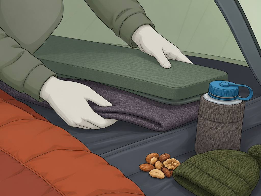Low-tech tent heating tips: insulating pad, hot water bottle, snacks, and hat.