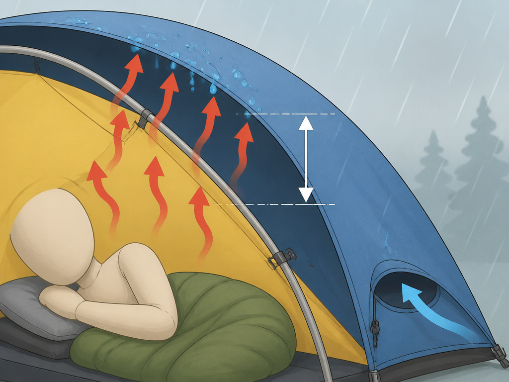 Cross-section diagram showing proper rainfly gap and ventilation to prevent tent condensation.