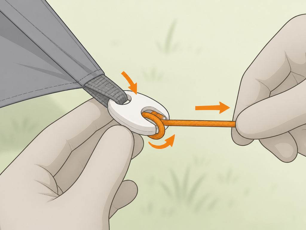 Close-up diagram showing how to correctly thread a tent guy line through a line-lock tensioner.