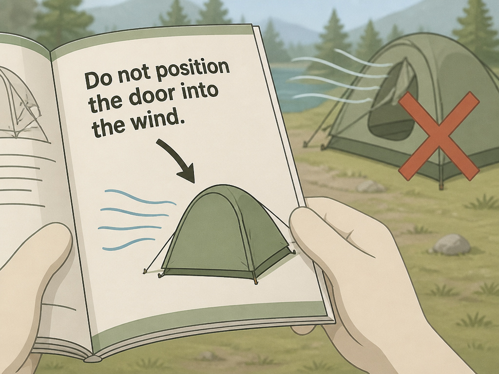 Tent manual diagram showing correct wind orientation for model-specific pitching.