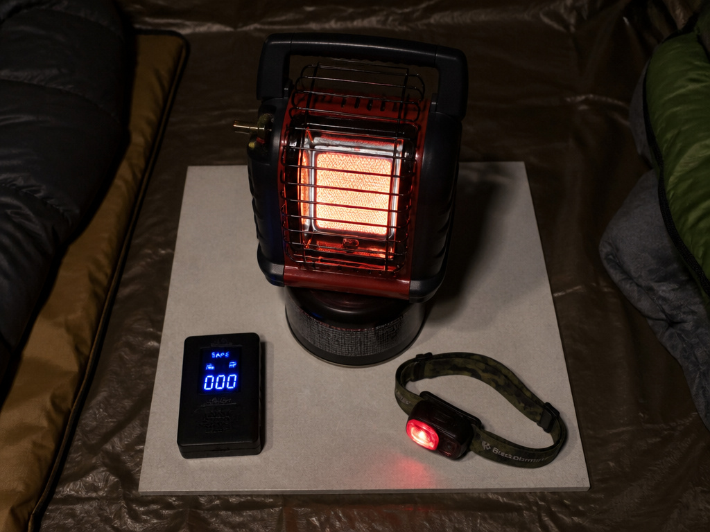 Essential safety gear for using a portable heater inside a camping tent.
