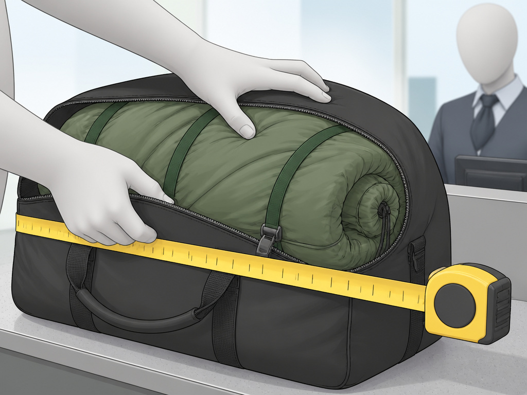 Hands packing an oversized tent into checked luggage at airline counter.