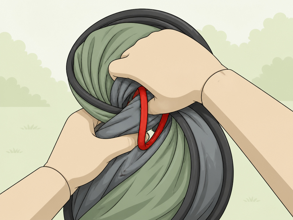 Cartoon diagram of hands threading a safety loop on a folded pop-up tent.
