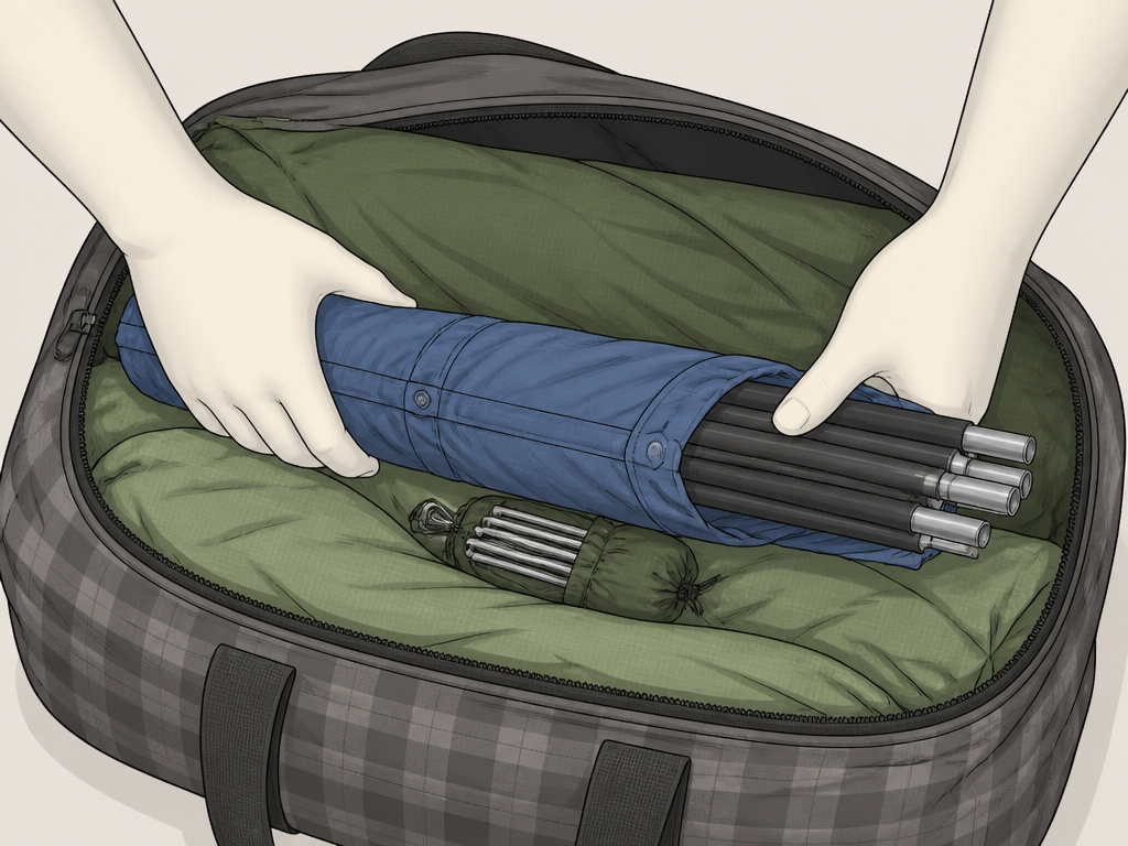 Packing a tent and poles into a duffel bag for airline travel.