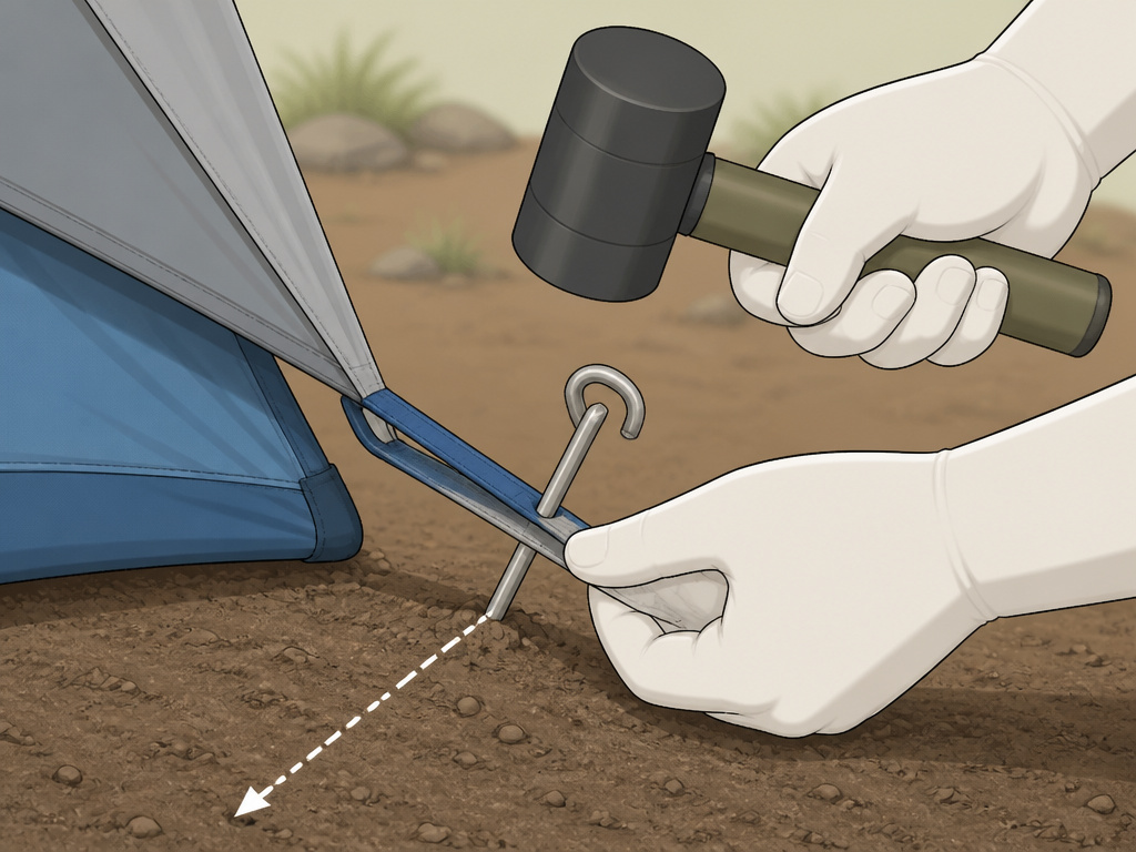 Correct 45-degree angle for staking a tent corner in windy conditions.