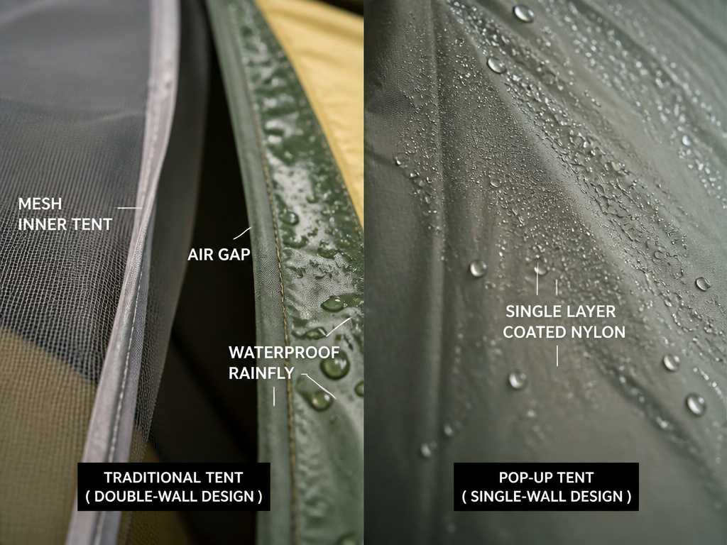 Cross-section comparison of traditional tent layers versus single-wall pop-up tent condensation.