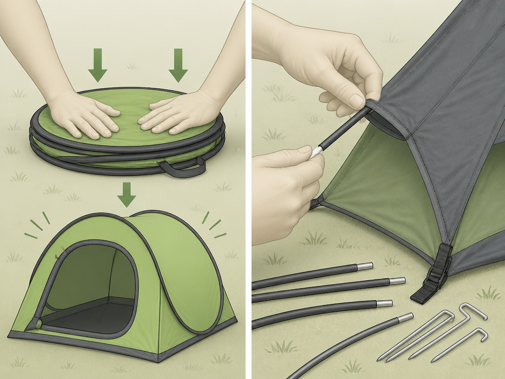 Pop-up tent vs traditional tent setup speed comparison cartoon diagram