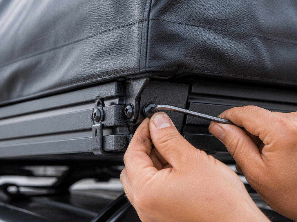 Tightening frame screws on a closed rooftop tent during post-closure hardware check.