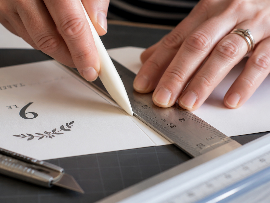 Scoring a name tent fold with a bone folder and metal ruler