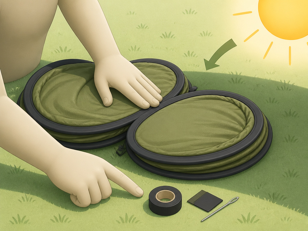Cartoon hands folding a pop-up tent on grass with repair kit nearby.