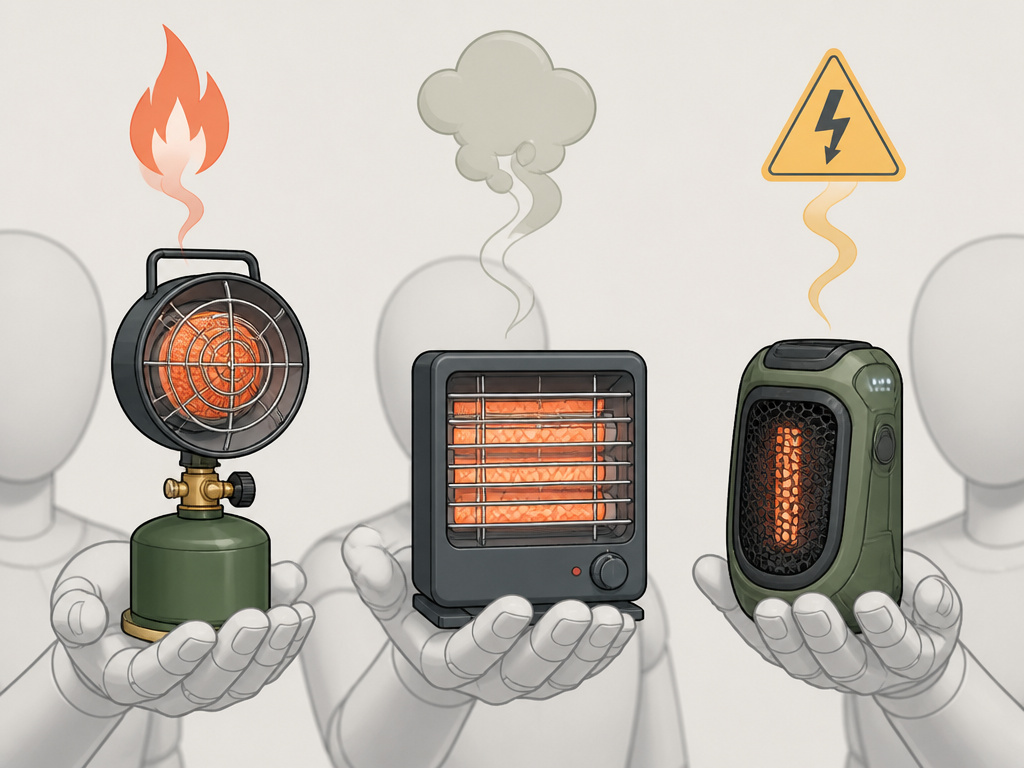 Cartoon comparison of propane, electric, and battery tent heater safety hazards