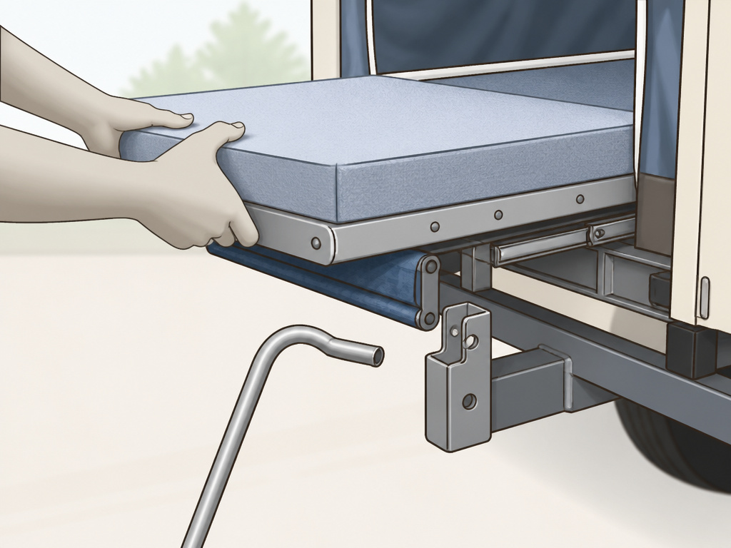 Tent trailer bed end extension with support wings closed and shepherd's hook.