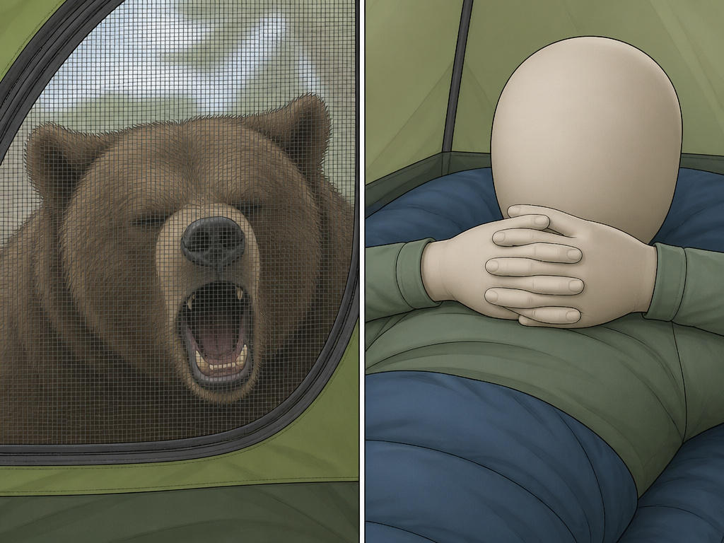 Close-up split view of a defensive bear's face and a camper playing dead in a tent.