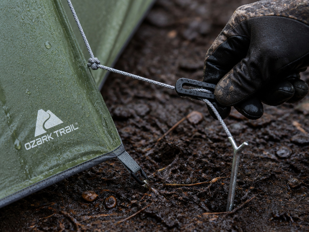 Close-up of tightening a tent guyline at a 45-degree angle in wet weather.