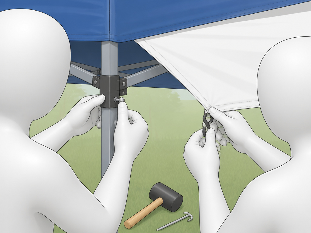 Two people setting up a canopy tent, one locking frame while other tensions fabric.