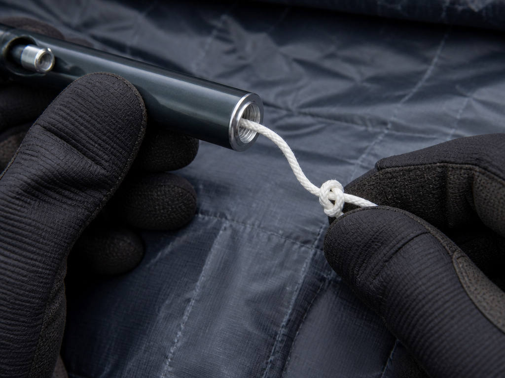 Close-up of repairing slack shock cord on a tent pole in cold weather.