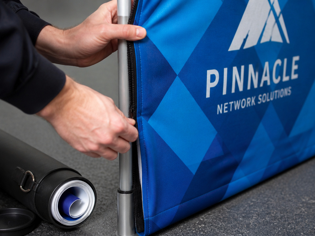 Close-up of installing a full-wall graphic panel on a 10x10 canopy frame.