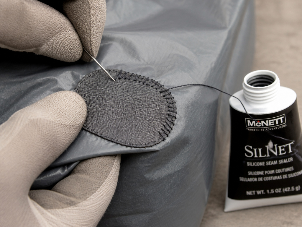 Close-up of sewing a patch onto silicone-coated nylon tent fabric.