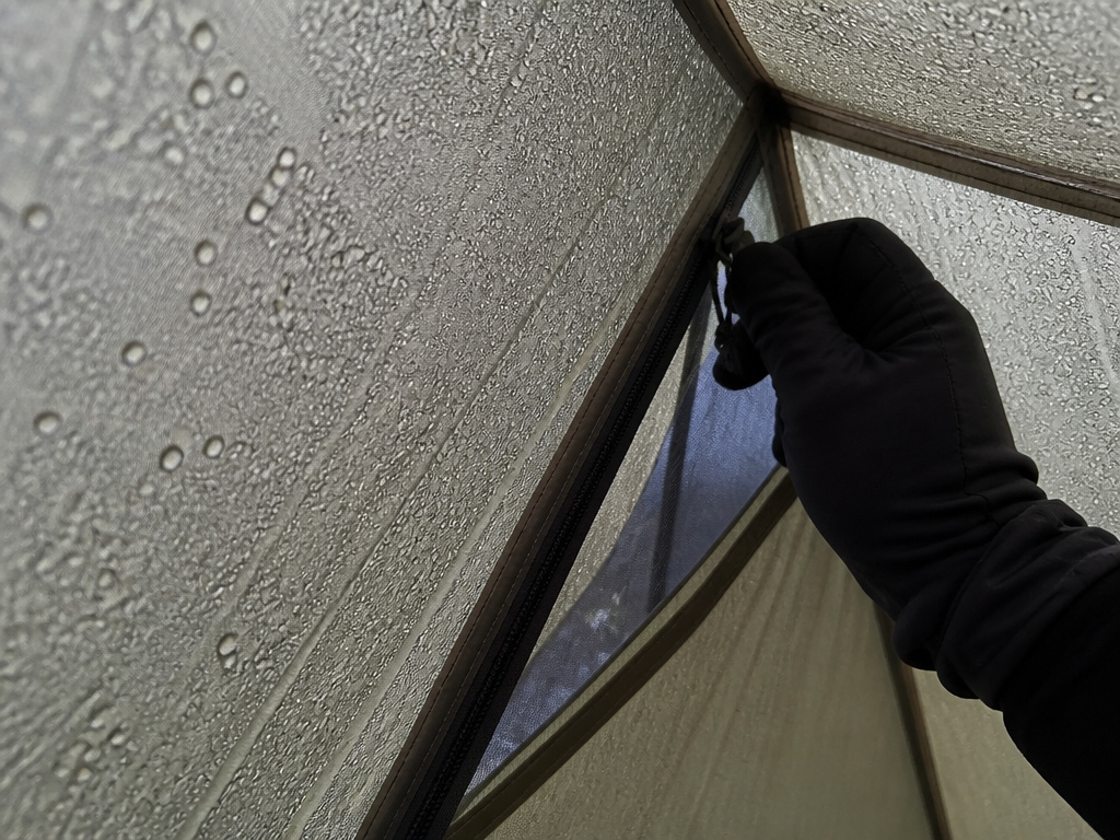 Condensation on the interior of a single-wall four season expedition tent.