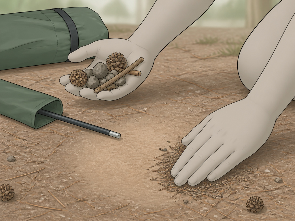 Clearing ground debris and inspecting poles before pitching a Coleman tent.