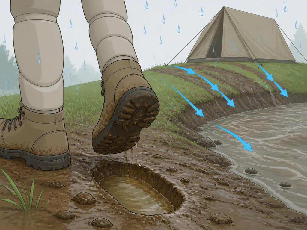Choosing a campsite on high ground away from water during rainy weather.