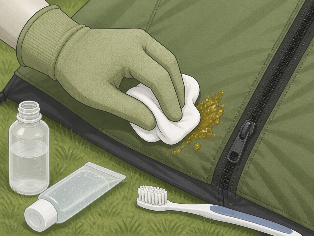 Spot cleaning a smelly tent for sap removal with alcohol and a cloth.