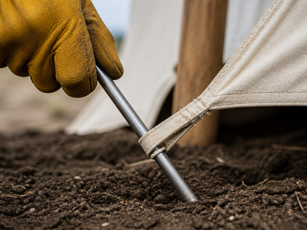 Close-up of staking a teepee tent at an angle for structural stability.