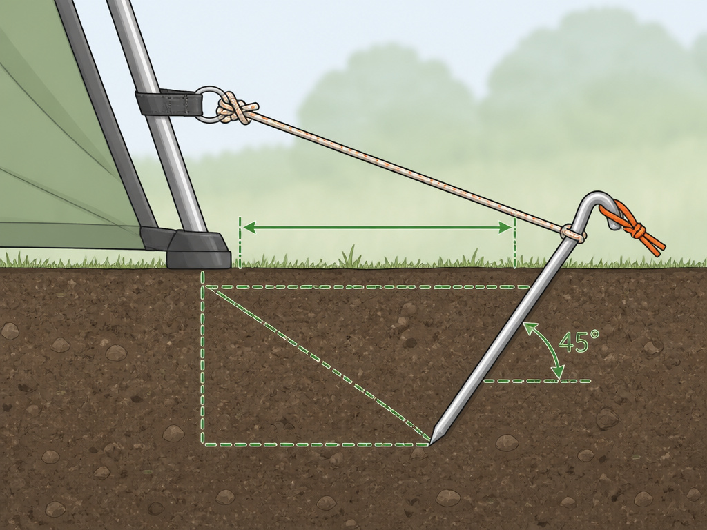 Diagram showing correct tent stake angle and distance for stability.