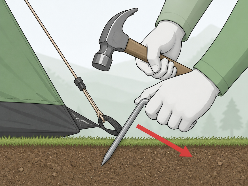 Close-up diagram of staking a Coleman tent corner at an angle for wind.