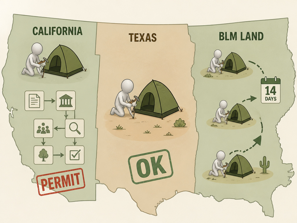 Map comparing tent living laws in Texas, California, and BLM land