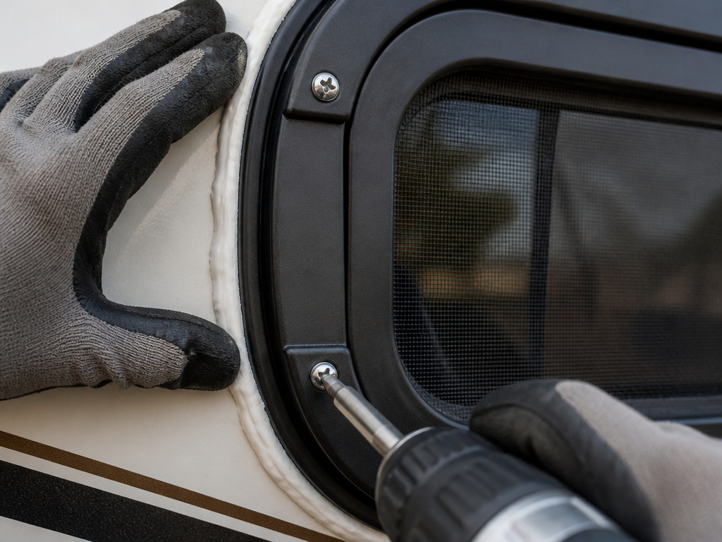 Tightening clamp ring screws on an RV window during installation.