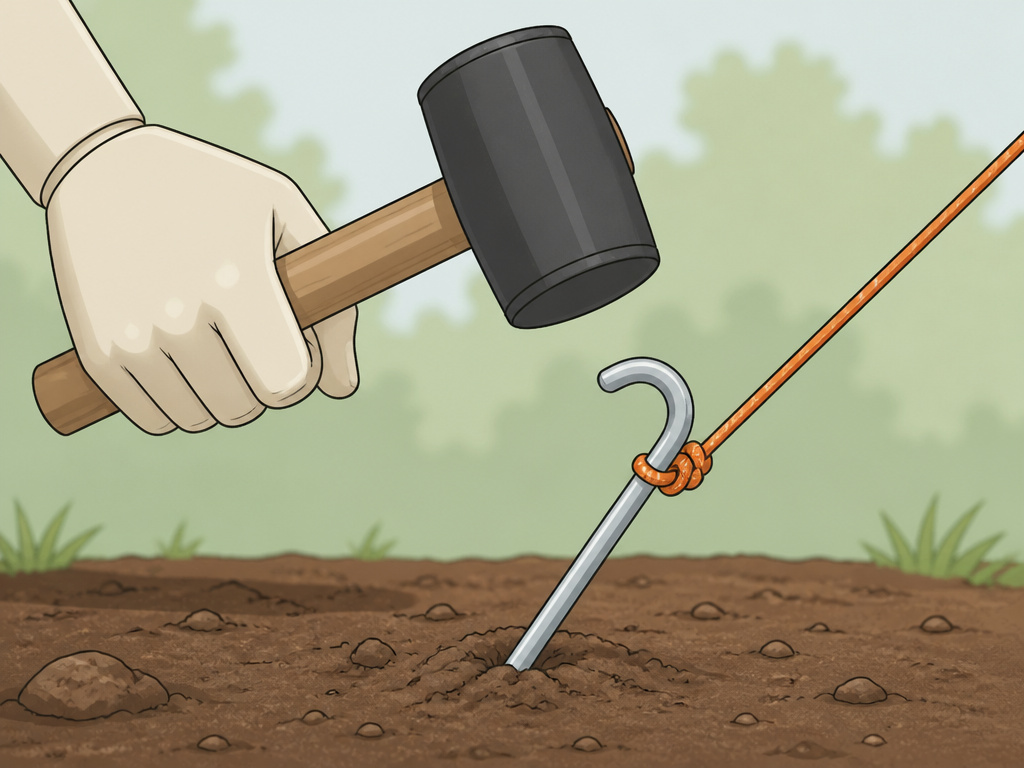 Cartoon diagram showing correct tent peg angle and hook orientation for securing a guy line.