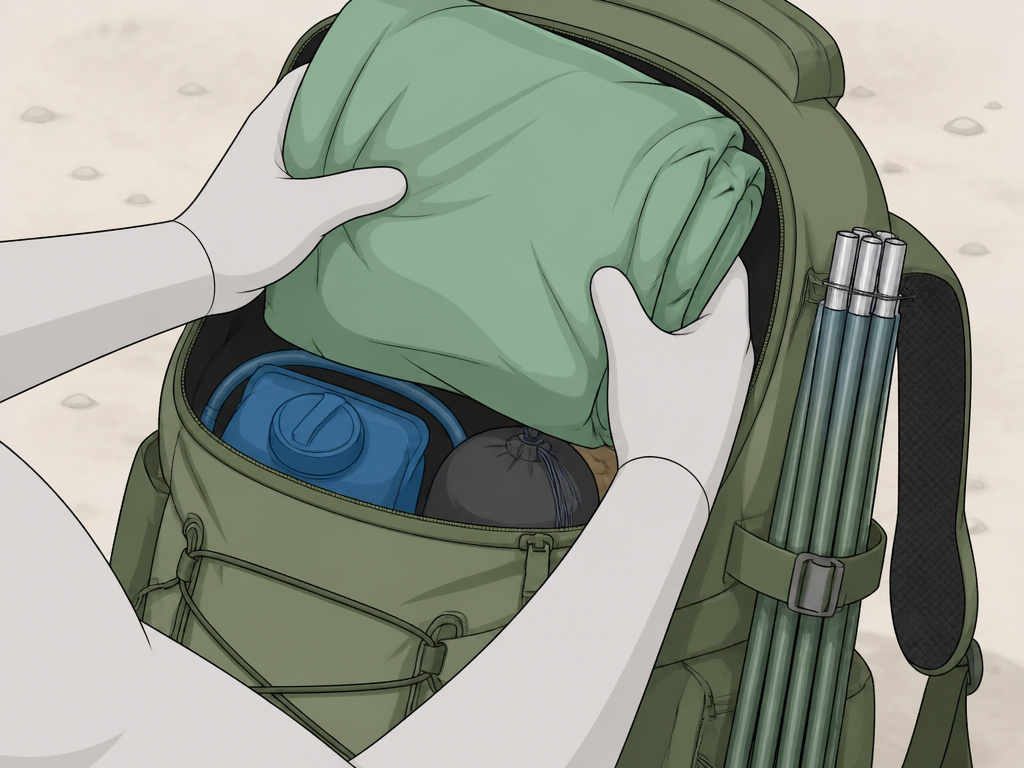 Stuffing folded tent fabric into a backpack using the stuff-and-separate method.