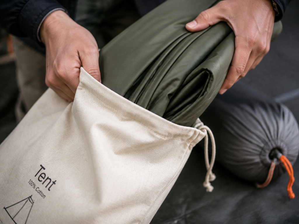 Proper long-term tent storage using a breathable cotton sack