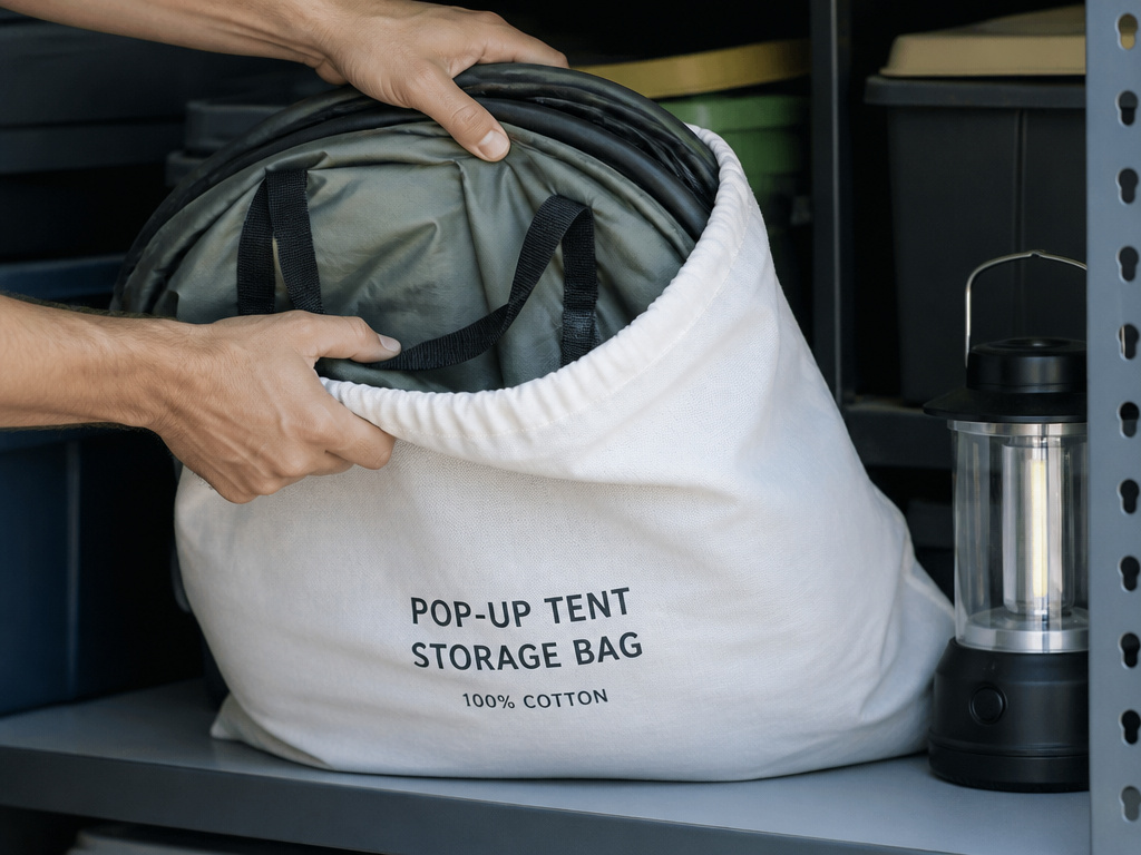 Storing a folded pop-up tent in a breathable cotton bag for long-term care.