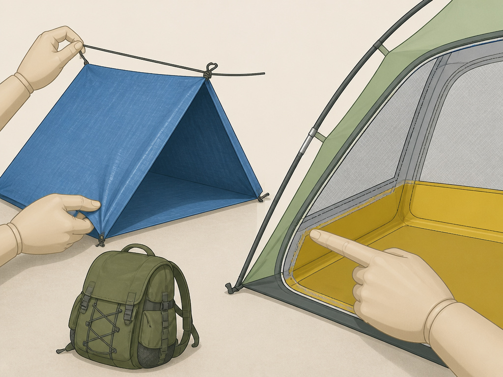 Comparison diagram between a DIY tarp shelter and a manufactured sewn tent.