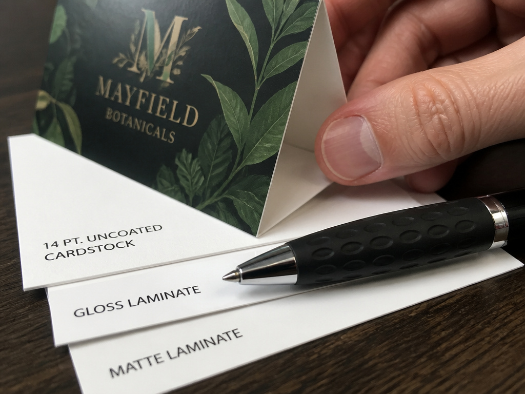 Close-up of tent card materials showing cardstock weight and laminate finishes.