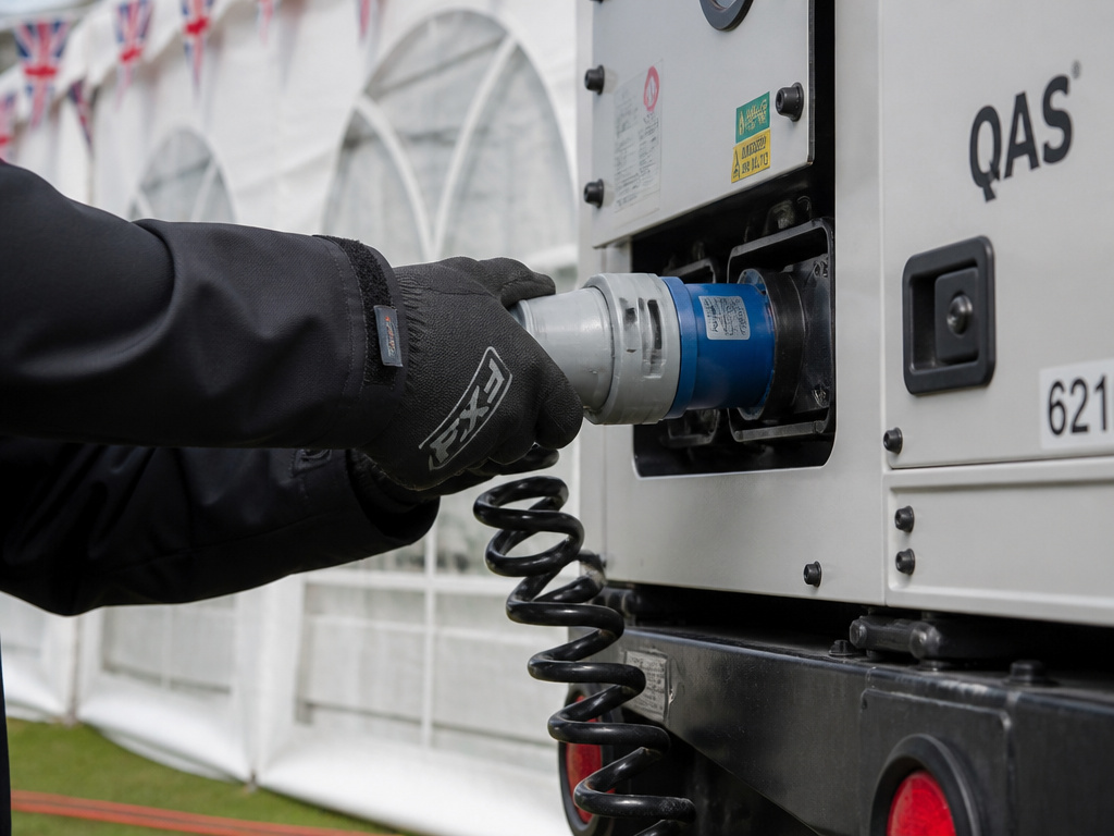 Professional crew connecting power to the Great British Bake Off tent set