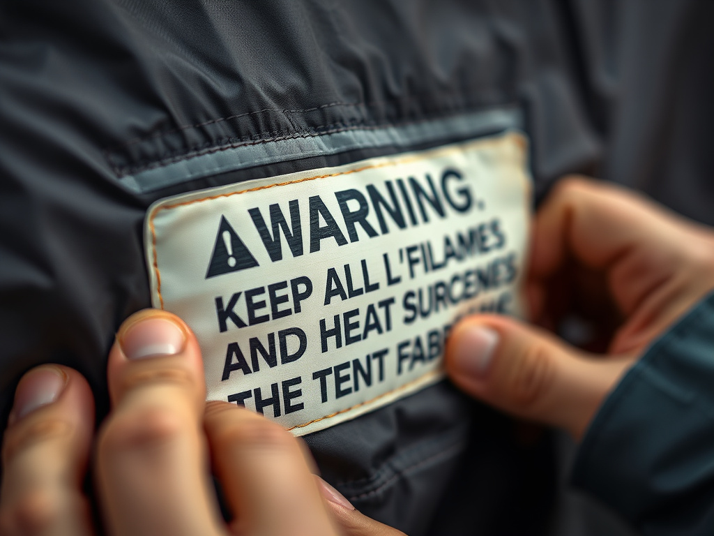 Close-up of mandatory flame-resistant warning label sewn into tent fabric.