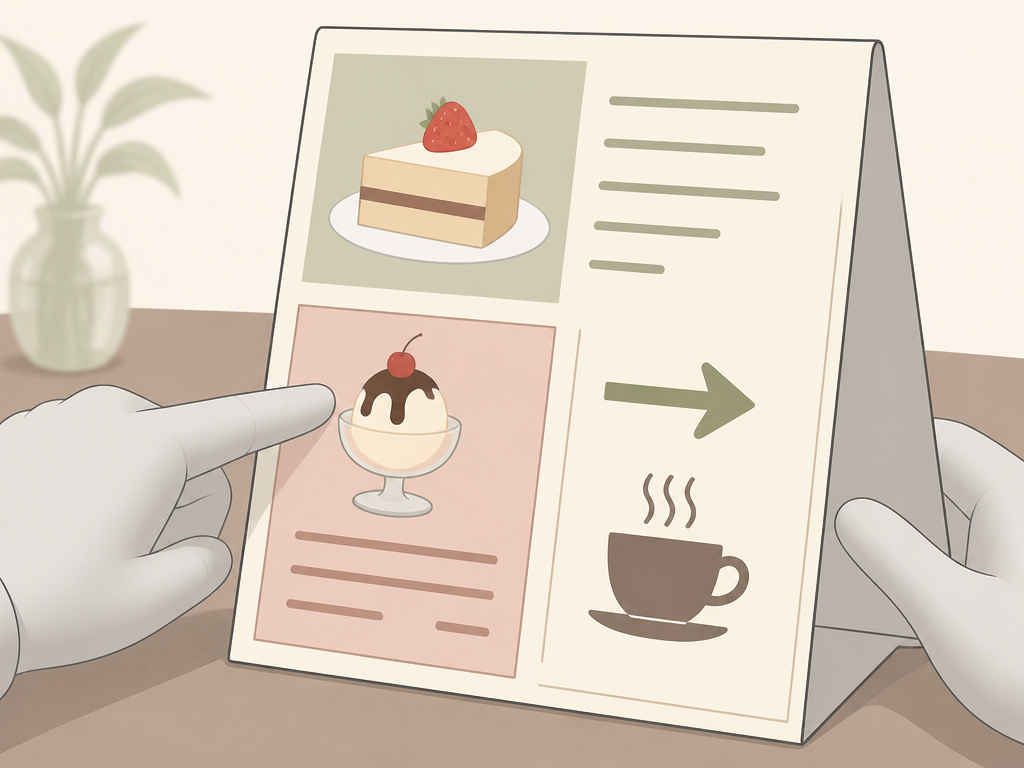 Cartoon diagram of a table tent used for upselling and directing customer traffic.