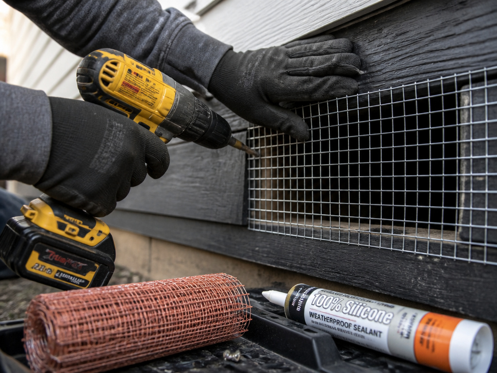 Professional rodent exclusion tools: hardware cloth, copper mesh, sealant, and bait station.