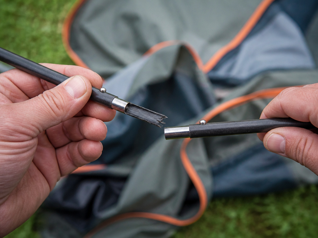 Broken fiberglass pole from a pop-up tent, illustrating poor durability and repairability.