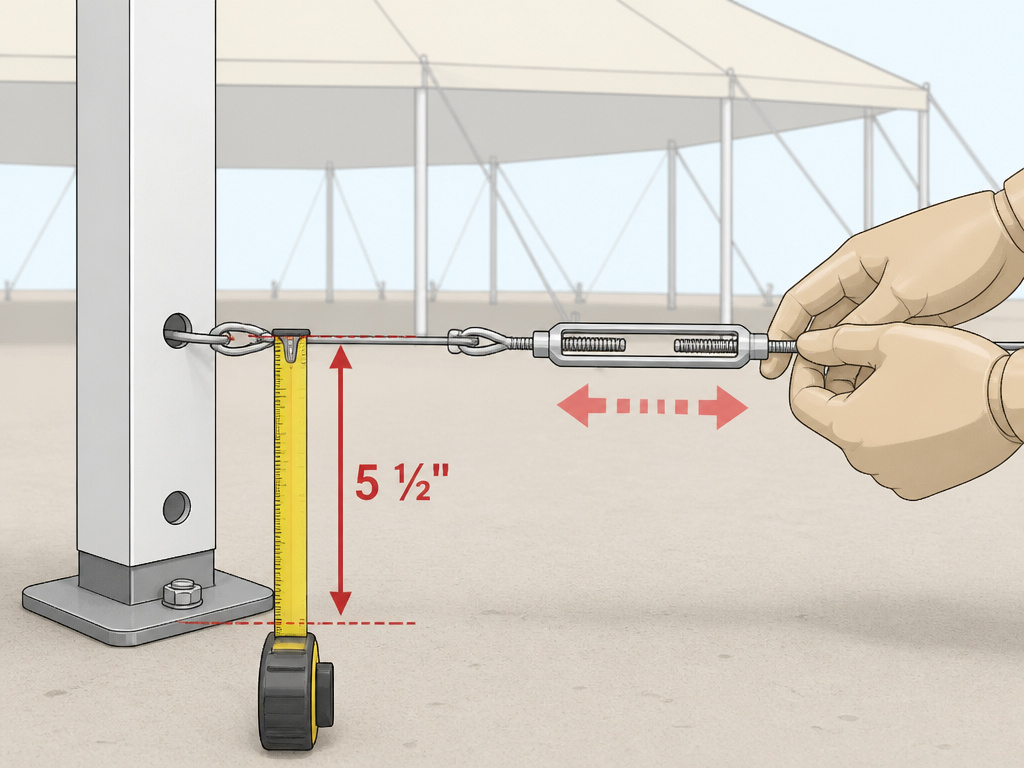 Close-up diagram showing correct cable height adjustment for a frame tent installation.
