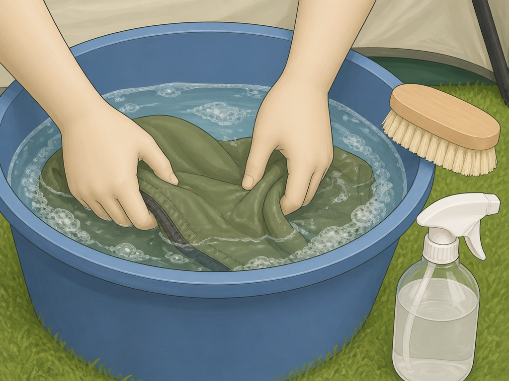 Close-up of hands cleaning a moldy tent by swirling it in a tub of vinegar solution.