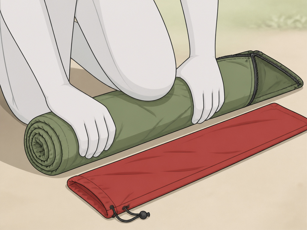 Close-up diagram showing the fold and roll technique for packing a tent.
