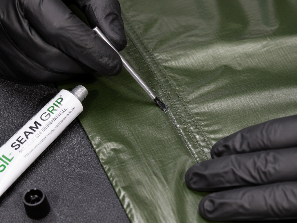 Close-up of hands applying seam sealant to a camping tent rainfly.